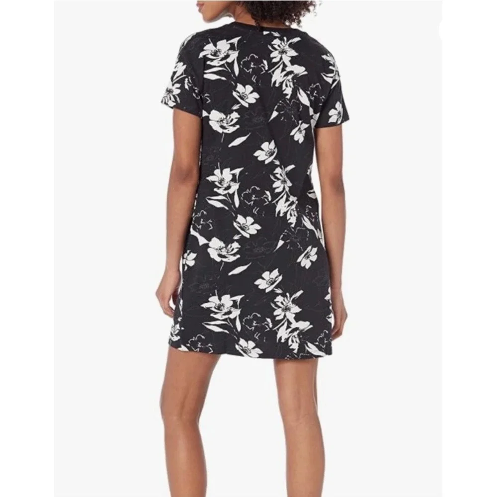 Columbia Black White Floral Cotton T-Shirt Mini Dress Sz L Tropical Travel NWOT